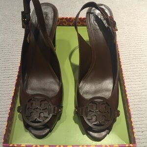 Tory Burch Brown Leather Slingback Peep-Toe Heels